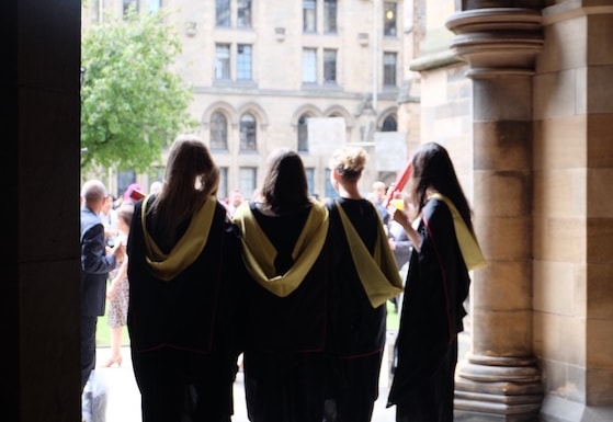 Graduations at The University of Glasgow, looking out from the Cloisters